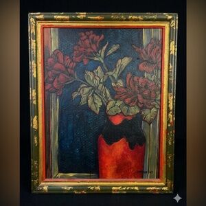 Red Flowers in a Red Vase Original Acrylic On Clayboard Original By Judith Meyer